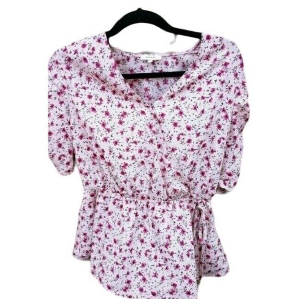 Pleione Cottage Core Top Womans S V Neck‎ Pink Floral Flowy Summer Coquette